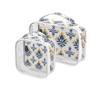 Amooorous 2 Pack Bohemia Europen Fleur-de-lis Pattern Blu Oro chiaro decorativo appeso borsa da toilette TSA approvato riutilizzabile piccola borsa trucco rasatura essenziale Bolsa de almacenamiento,