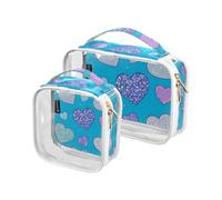 Amooorous 2 Pack Falso Glitter Cartoon Cuore Blu Trasparente Decorativo Grandi Borse da toilette da donna TSA Approvato Trasparente Grande Borsa per cosmetici essenziali per la rasatura della macchia,