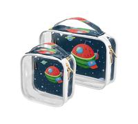 Amooorous 2 Pack Fun Anguria Galaxy Spaceship Navy Blue chiaro decorativo borsa da toilette set TSA approvato trasparente trucco pennello borsa da uomo kit da barba de maquillaje, Divertente astronave