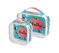 Amooorous 2 Pack Hello Cartoon Carino Rosa Pesca chiaro decorativo borsa da toilette set TSA approvato borsa trucco trasparente organizzatore viaggio essenziale maquillaje para, Ciao Cartoon carino