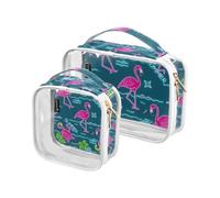 Amooorous 2 Pack Summer Neon Flamingo Coconut Tree Blu chiaro decorativo toilette borsa da viaggio TSA approvato impermeabile trasparente borsa per il trucco da uomo kit da barba de maquillaje, Estate