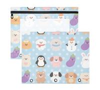 Amooorous Astuccio con 3 occhielli rinforzati, 3 fori, per lettere di carta A4, confezione da 2 pezzi, per studenti, studenti, insegnanti, forniture carine, cartoni animati, blu, zoo