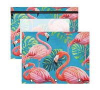 Amooorous Astuccio con 3 occhielli rinforzati, tasca a 3 anelli per raccoglitori a 3 anelli, confezione da 2 pezzi, per insegnanti, classe, pittura vintage, fenicotteri, foglia di palma, blu