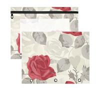 Amooorous Astuccio con cerniera, tasca a 3 anelli per raccoglitori a 3 anelli, confezione da 2 pezzi, per insegnanti, rientro a scuola, eleganti rose bianche e rosse