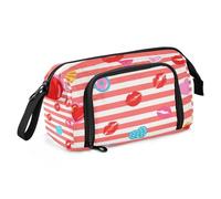 Amooorous Astuccio estivo a righe rosse e bianche con cuore e labbra, grande capacità, custodia rigida leggera per adolescenti da viaggio