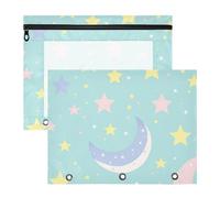 Amooorous Astuccio per matite a 3 fori, per raccoglitori a 3 anelli, confezione da 2 per insegnante, ritorno a scuola, blu e giallo, motivo: stelle e luna