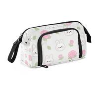 Amooorous Astuccio per matite con coniglietti bianchi in stile cartone animato, grande capacità, astuccio per matite e trucchi con scomparto per ragazze per il rientro a scuola