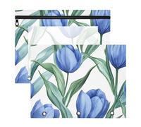 Amooorous Astuccio portapenne a 3 fori per lettere A4, confezione da 2 pezzi, per studenti che tornano a scuola, tulipani blu reale con foglie verdi, motivo senza cuciture, sfondo bianco, pittura ad