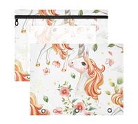 Amooorous Astuccio portatile a 3 fori per raccoglitori a 3 anelli, confezione da 2 pezzi, per insegnanti, ufficio, cartoni animati, carini unicorni bianchi