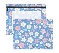 Amooorous Astuccio robusto per lettere A4, confezione da 2 pezzi, per studenti, materiale artistico, bianco, rosa, piccoli fiori, sfondo blu