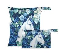 Amooorous Bel cavallo bianco con fiori verdi borsa impermeabile impermeabile 2 pack viaggio essenziale per volare con manici per yoga, asilo nido