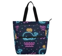 Amooorous Bella borsa decorativa per bambini, ragazzi e ragazze, con onda di balena fluorescente nera, grande borsa da biblioteca, borsa per la spesa, per l'università, lo shopping, la spiaggia