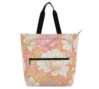 Amooorous Bella borsa tote decorativa per bambini, ragazzi e ragazze, adulti, stile cinese, motivo floreale, peonia, pesca, oro, impermeabile, riutilizzabile, con cerniera per la scuola e