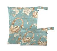 Amooorous Blu e Bianco Cartoon Cuffie Borsa riutilizzabile per bambino 2 Pack Wet Bag per costume da bagno con manici per palestra, asilo nido