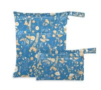 Amooorous Blu e oro romantico fiori di San Valentino borse con cerniera per bagnato 2 sacchetti bagnati per costume da bagno con manici per palestra, piscina, Fiori romantici di San Valentino blu e