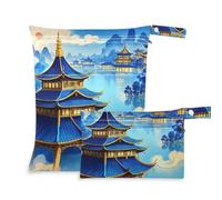 Amooorous Blue and Gold Chinese Landscape - Borsa impermeabile con cerniera, confezione da 2 pezzi essenziali da viaggio per volare, con manici per fare il bagno, asilo nido
