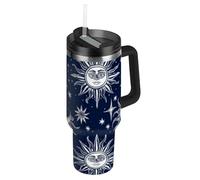 Amooorous Boho Moon - Borraccia riutilizzabile con coperchio a prova di perdite e cannuccia, tazza termica decorativa per casa, ufficio o auto, in acciaio inox, 1,18 l, colore: blu scuro