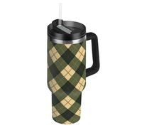 Amooorous Borraccia riutilizzabile a scacchiera grigio-verde con coperchio a prova di perdite e cannuccia, tazza decorativa da viaggio per acqua, tè freddo o caffettiera per caffè termico 1,18 ml