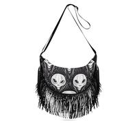 Amooorous Borsa a tracolla da donna con frange medie, motivo alieni malvagi, nero e bianco, borsa a tracolla da donna, alla moda, media, con (prop2)