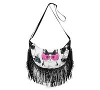 Amooorous Borsa a tracolla da donna con gattino in bianco e nero in stile cartone animato, alla moda, con frange, borsa a tracolla da donna, borsa a tracolla alla moda da donna, di medie dimensioni