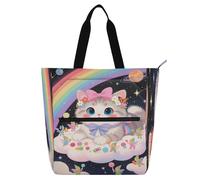 Amooorous Borsa a tracolla decorativa per bambini, studenti, adulti, un simpatico gatto grigio dei cartoni animati, leggera, borsa a tracolla con tasche per scuola e tempo di gioco, arcobaleno bolsos