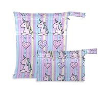 Amooorous Borsa con cerniera per pannolini, motivo unicorni viola, confezione da 2 pezzi essenziali da viaggio per volare con manici per fare il bagno, fare il bagno