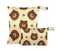 Amooorous Borsa da bagno bagnata riutilizzabile con orso marrone e ape, confezione da 2 pezzi essenziali da viaggio per volare con manici per palestra, pannolini per bambini