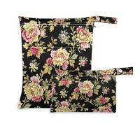Amooorous Borsa da bagno impermeabile in stile barocco retrò con fiori beige, confezione da 2 sacchetti bagnati per costume da bagno con manici per viaggi, bagno