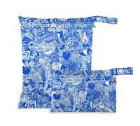 Amooorous Borsa da bagno riutilizzabile blu e bianca con graffiti dei cartoni animati, confezione da 2 pezzi essenziali da viaggio per volare con manici per spiaggia, asilo nido