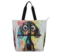 Amooorous Borsa da viaggio decorativa per bambini e adulti, motivo bassotto nero carino, borsa per la spesa robusta con manici con cerniera per scuola e giochi arcobaleno