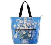 Amooorous Borsa decorativa per libri per bambini per ragazzi ragazze adulti, margherite bianche fiori giallo limone blu borsa della spesa riutilizzabile impermeabile con tasche con cerniera per