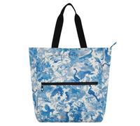 Amooorous Borsa decorativa per libri per bambini, ragazzi e ragazze, blu e bianco gru fiore impermeabile biblioteca libro tote shopping bag con manici con cerniera per la scuola shopping viaggi