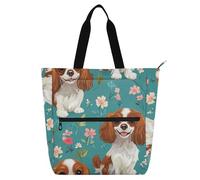 Amooorous Borsa decorativa per libri, per bambini, studenti, adulti, con simpatico cavalier re spaniel, turchese, 2 borsa per la spesa riutilizzabile impermeabile con cerniera per lo shopping
