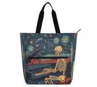 Amooorous Borsa decorativa per libri per ragazzi ragazze adulti, scheletro suona il pianoforte cielo stellato, leggera, riutilizzabile, borsa da spiaggia con cerniera, per scuola, shopping, viaggi