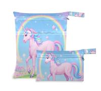 Amooorous Borsa impermeabile a prova di disordine con unicorni bianchi e arcobaleno, confezione da 2 pezzi essenziali da viaggio per bambini, con manici per fare il bagno, lo yoga