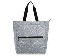 Amooorous Borsa larga decorativa per bambini, con pianoforte, per ragazzi, ragazze, adulti, bohémien, retrò, alla moda, motivo cachemire floreale, argento, bianco, grande, con tasche con cerniera, per
