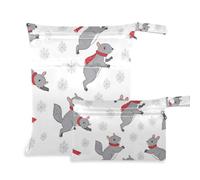 Amooorous Borsa lavabile con motivo a fiocchi di neve con scoiattoli grigi in stile cartone animato per palestra, confezione da 2 pezzi essenziali da viaggio per bambino con manici per fare il bagno,