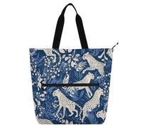 Amooorous Borsa per la spesa decorativa per bambini, donne e uomini, motivo leopardato blu e bianco, robusta, riutilizzabile, con cerniera, per scuola e tempo di gioco, arcobaleno para llevar libros