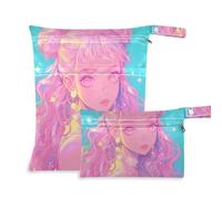 Amooorous Borsa per vestiti bagnati lavabile glitterata Baby Peach Anime Girl confezione da 2 pezzi essenziali da viaggio per bambini con manici per asilo nido, palestra
