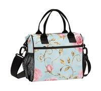 Amooorous Borsa portapranzo con rose dorate e foglie dorate, stile retrò, regolabile, isolante, con tracolla, per scuola superiore, da viaggio maschile