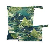 Amooorous Borsa riutilizzabile verde e oro paesaggio cinese per bagnato, confezione da 2 elementi essenziali da viaggio per bambini con manici per spiaggia, piscina