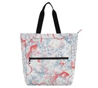 Amooorous Borsa tote decorativa per bambini, borsa a tracolla con tasche per ragazzi, ragazze, donne, bel motivo fiori di ciliegio, pesce rosso, grande borsa tote per biblioteca, borsa