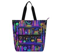 Amooorous Borsa tote decorativa per bambini, borsa impermeabile con tasche con cerniera per ragazzi, ragazze, donne, biblioteca magica colorata di Halloween, borsa con tasche