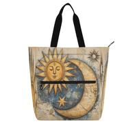 Amooorous Borsa tote decorativa per bambini donna uomo giallo mistico bohemien penna sole luna grande borsa della spesa riutilizzabile con cerniera per scuola shopping