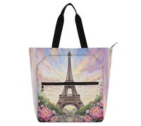 Amooorous Borsa tote decorativa per bambini donna uomo torre di ferro parigino romantica con fiori rosa resistente all'acqua borsa tote con cerniera per la scuola