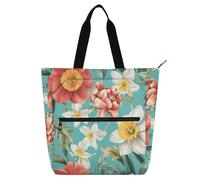 Amooorous Borsa tote decorativa per bambini, per ragazzi, ragazze, donne, fiori, narcisi, peonia, narcisi, turchese, grande, riutilizzabile, borsa da spiaggia con cerniera, per scuola, shopping