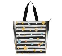 Amooorous Borsa tote decorativa per bambini, ragazzi e ragazze, a righe bianche e nere, sole, luna, stella, grande borsa per la spesa con manici con cerniera per la scuola, lo shopping