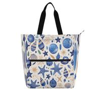 Amooorous Borsa tote decorativa per bambini, ragazzi e ragazze, blu, campana, stella marina, borsa della spesa leggera e riutilizzabile con tasche con cerniera per lo shopping, la spiaggia