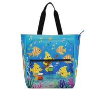 Amooorous Borsa tote decorativa per bambini, ragazzi e ragazze, divertente, musica oceanica, concerto, pesce, blu, borsa della spesa leggera e riutilizzabile con tasche con cerniera per