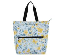 Amooorous Borsa tote decorativa per bambini, ragazzi e ragazze, vari piccoli fiori, farfalle, giallo e azzurro, impermeabile, borsa a tracolla con cerniera per la scuola e la scuola